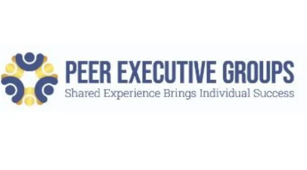 Logo for Peer Executive Groups featuring a circular design with three stylized blue figures representing people, surrounded by smaller yellow circles, next to the words "PEER EXECUTIVE GROUPS" in dark blue capital letters, with the tagline "Shared Experience Brings Individual Success" in smaller gray text below.