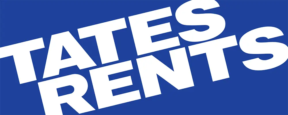 The words 'TATES RENTS' in large, bold, white, sans-serif letters, angled upwards from left to right, on a solid blue background. 'TATES' appears above 'RENTS'.
