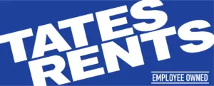 The words 'TATES RENTS' in large, bold, white, sans-serif letters, angled upwards from left to right, on a solid blue background. 'TATES' appears above 'RENTS'.