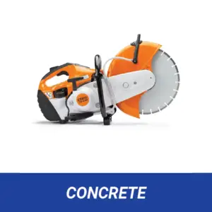 Orange and white Stihl TS 420 cut-off saw with a large silver cutting blade and orange guard, set against a white background, with the word "CONCRETE" in white on a blue bar at the bottom.