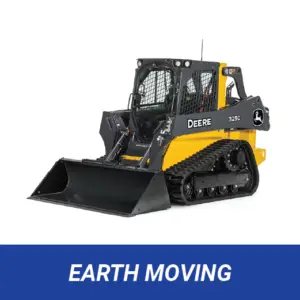 A yellow and dark gray John Deere 325G compact track loader with a front bucket, cab, and rubber tracks, isolated on a white background. The text "EARTH MOVING" is visible below the image.