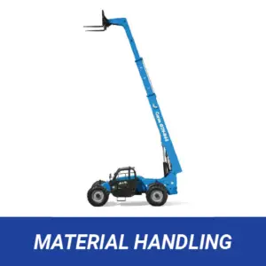 A blue Genie GTH-844 telehandler with a fully extended telescopic boom and black forks, angled upwards. The heavy equipment vehicle has four large wheels with thick treads and a black cab.