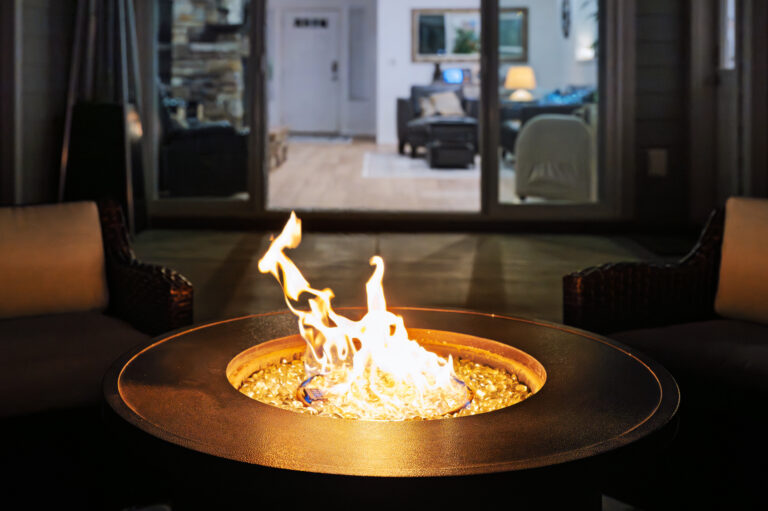 Propane gas firepit on an outdoor deck