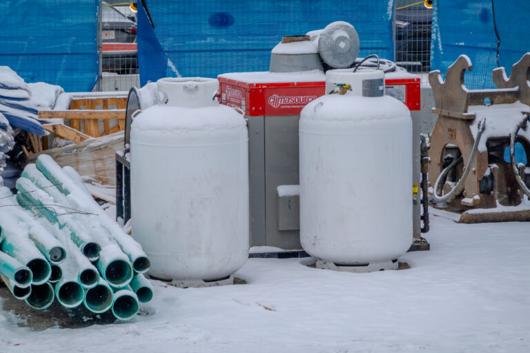 Propane tanks at a winter construction jobsite